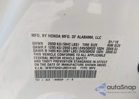 2018 Honda Pilot Elite z USA, uszkodzony, nr VIN 5FNYF6H01JB014145